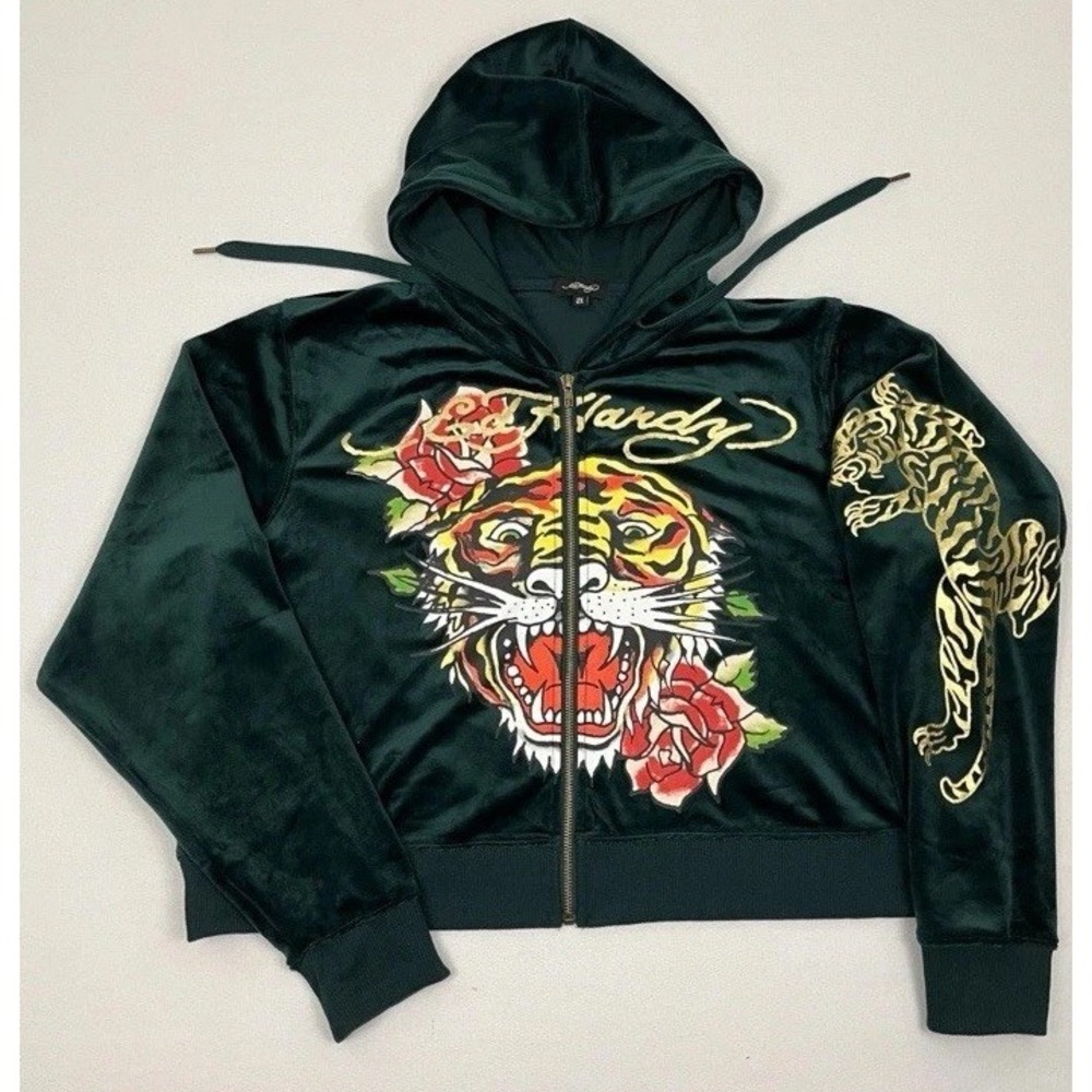 Ed Hardy Women's Velour Tiger Hoodie L Green Cropped Zip Retro Y2K Streetwear